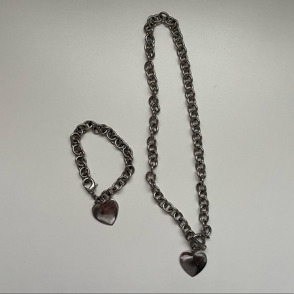 Heart Necklace and Bracelet Set Silver
